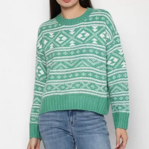 American Eagle Outfitters Sweaters - New American Eagle Green Fairisle Oversized Crewneck Sweater Size XXS or XS